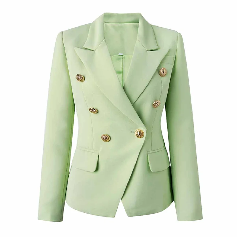 ladies' lightweight anorak coat -Women's Luxury Fitted Sage Green Blazer Golden Lion Buttons Coat Jacket