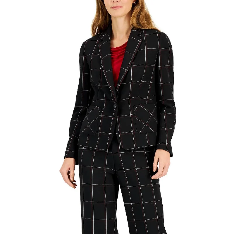 ladies' waterfall drape coat -Kasper Womens Window Pane Notch Collar One-Button Blazer