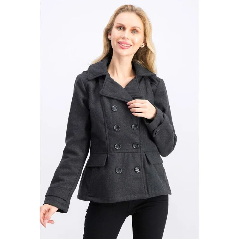 soft touch sherpa coat for women -Celebrity Pink Juniors' Double-Breasted Hooded Peacoat Charcoal Size Large