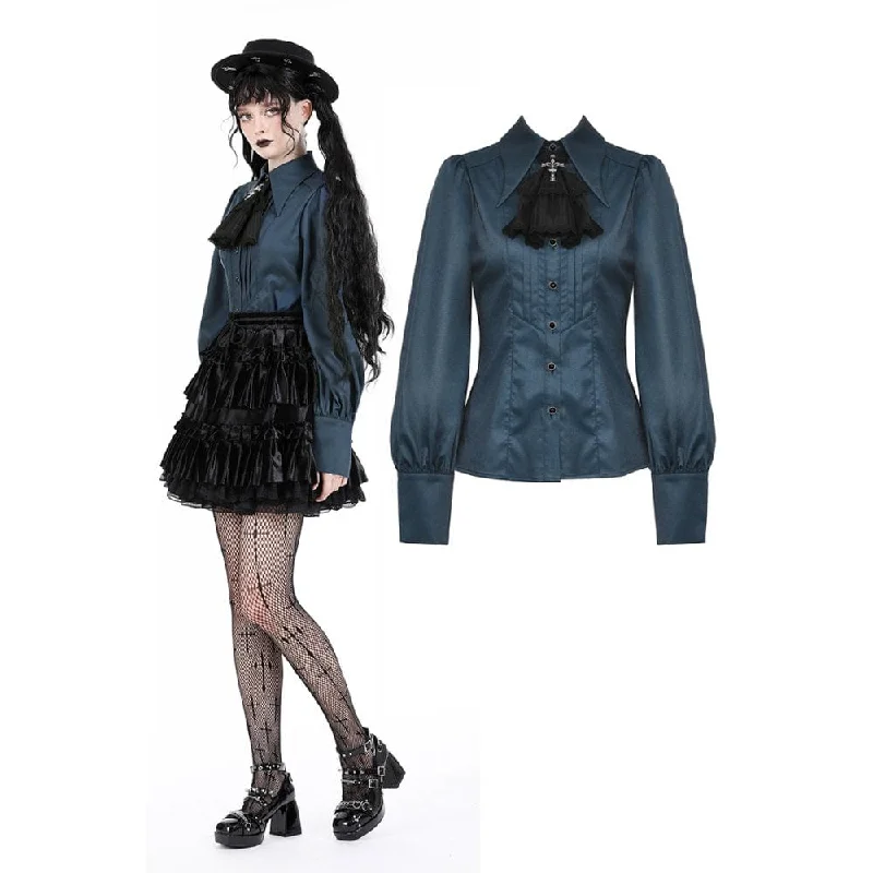 lightweight crinkle blouse for women -Women's Gothic Puff Sleeved Bat Collar Shirt with Neckwear