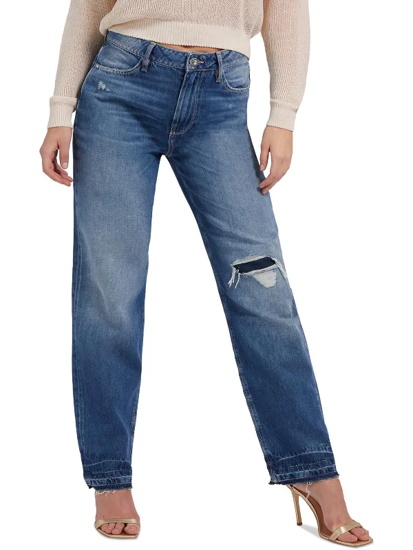 women's slouchy vintage-style jeans -Womens High Rise Distressed Straight Leg Jeans