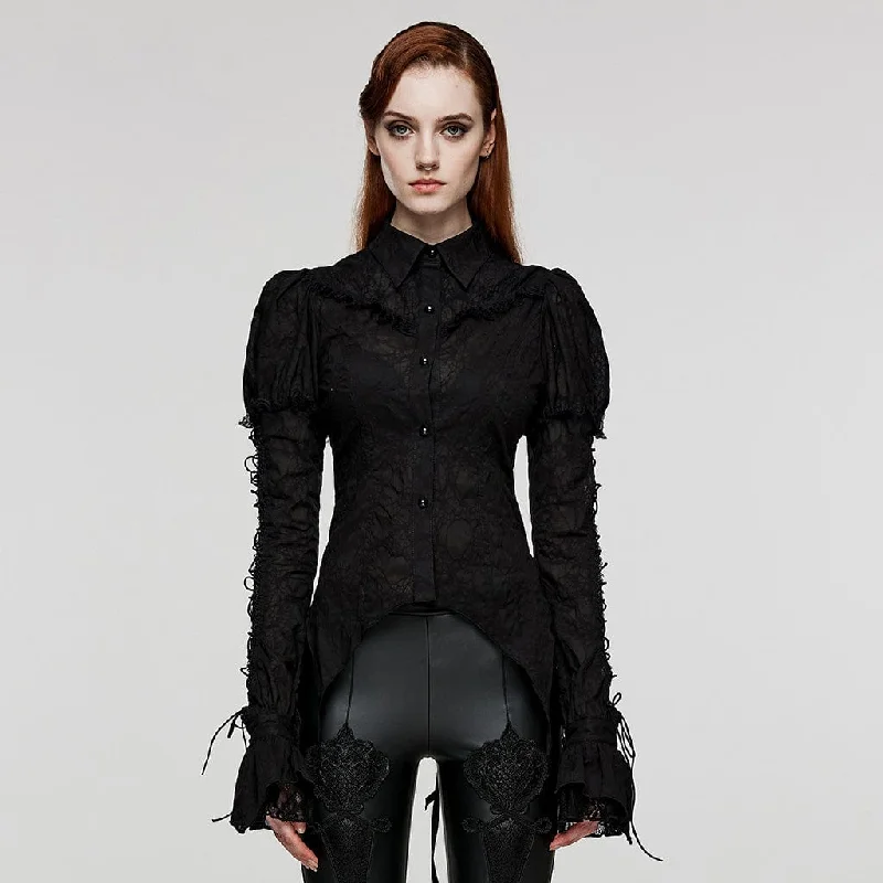 loose-fit linen top for women -Women's Gothic Puff Sleeved Lace Splice Shirt Black