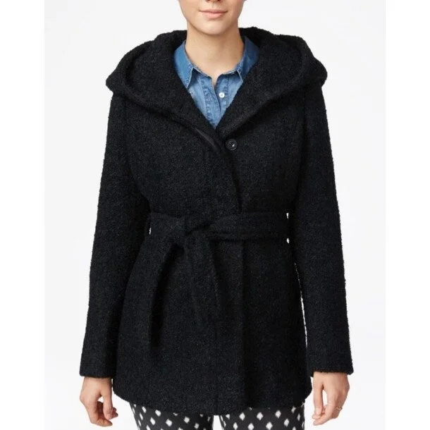 fashionable belted wool coat for women -Coffeeshop Hooded Belted Walker Coat Navy Blue Size Small