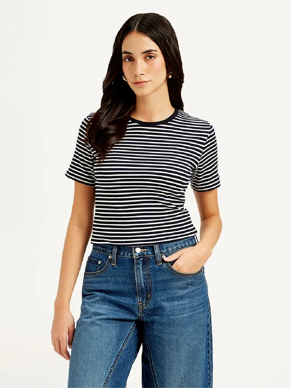 fashionable split hem blouse for women -Women's Striped Slim Fit T-Shirt