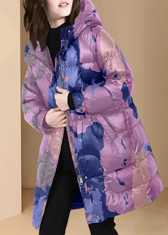 women's bohemian style kimono jacket -Style Purple Hooded Print Thick Duck Down Puffers Coats Winter