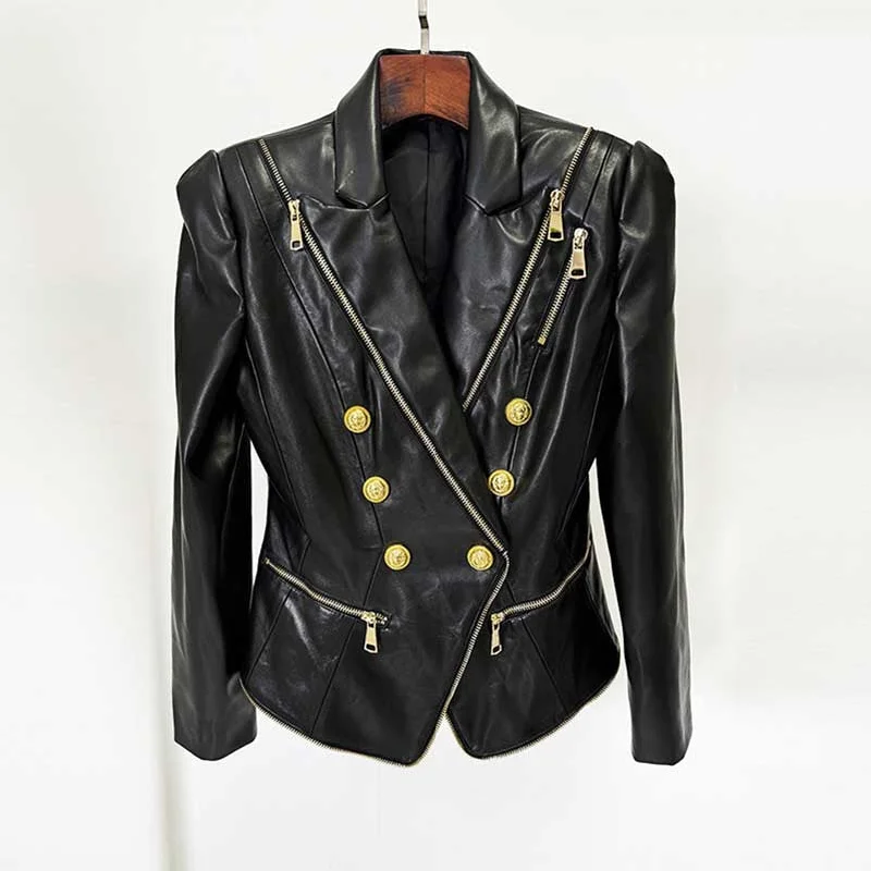 versatile casual coat for women -Women's Zipped Biker Jacket Short Leather Jacket