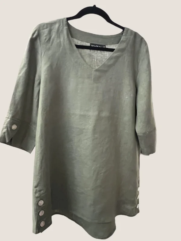 ladies' loose-fit batwing top -V Neck Linen Tunic - Olive