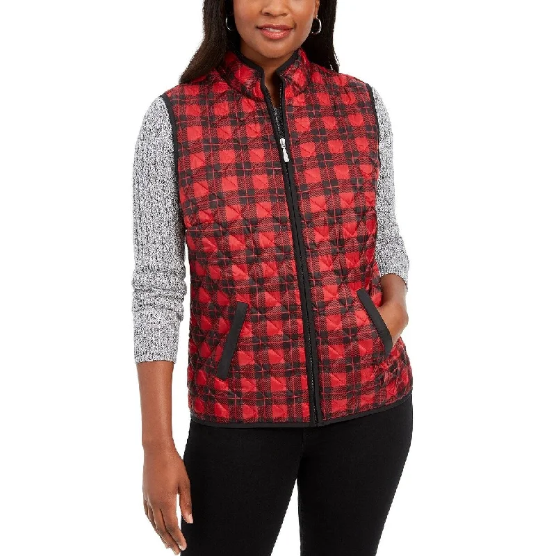 warm shearling coat for women -Karen Scott Women's Sport Plaid Puffer Vest Bright Red Size X-Large