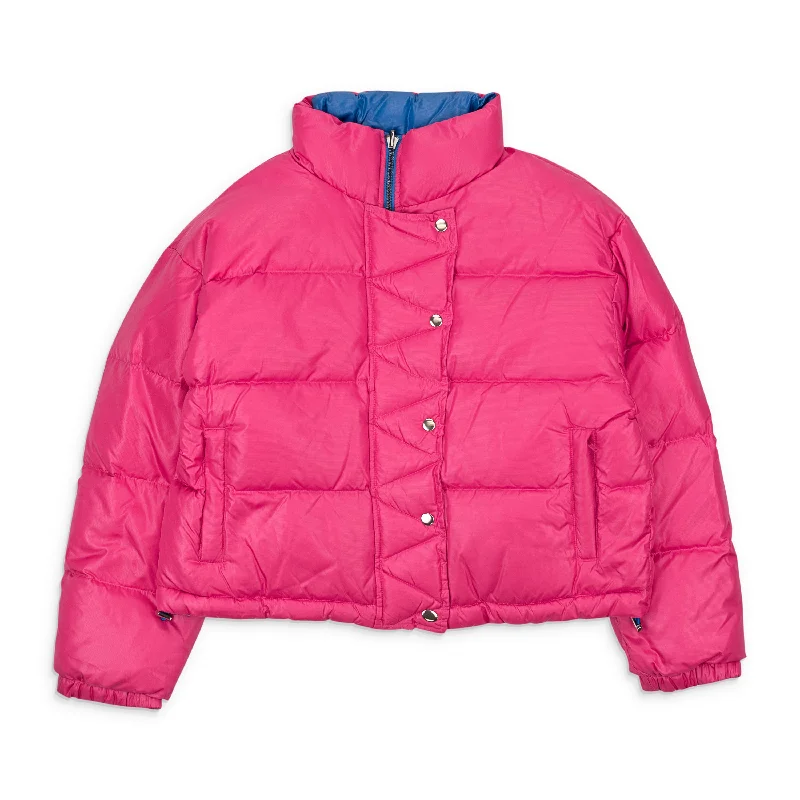 soft touch sherpa coat for women -CALLIPYGIAN REVERSIBLE PINK BLUE PUFFER COAT