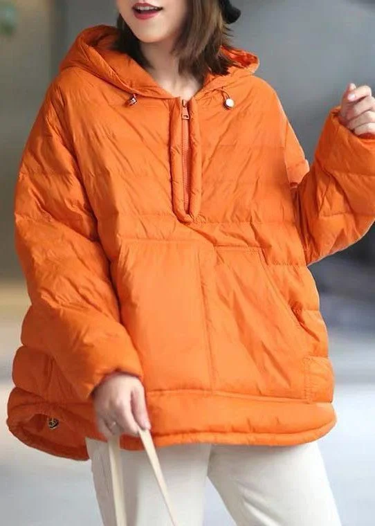 women's elegant cape coat -Orange Hooded Zippered Pockets Winter Duck Down Long Sleeve Down Jacket