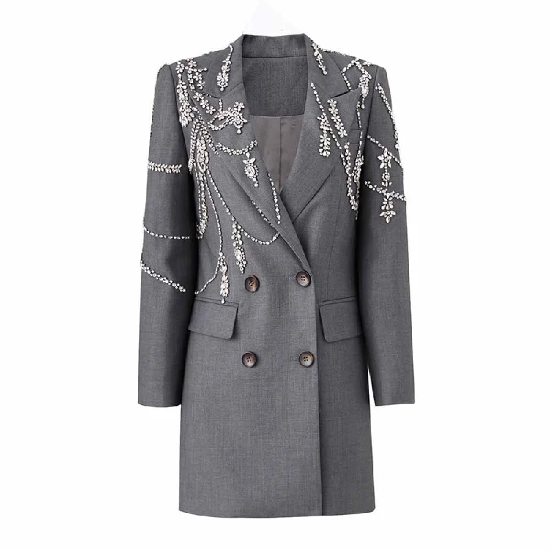 versatile trench coat for ladies -Women Grey Crystal Embellished Blazer Dress Formal Dress