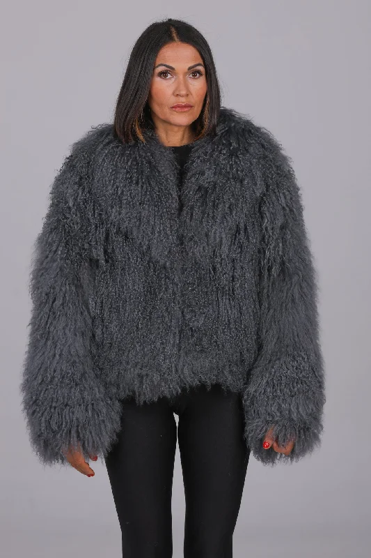 warm padded coat for women -Mongolia shearling Coat GREY