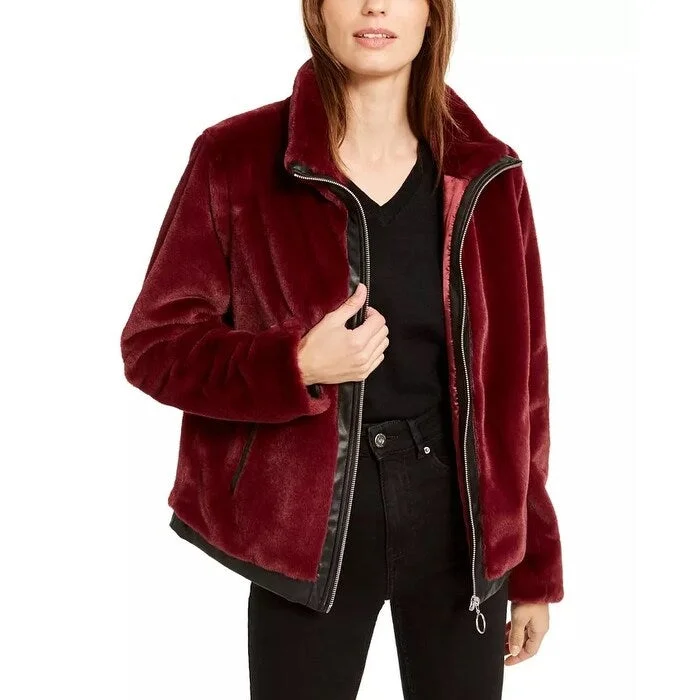 ladies' fleece zip-up jacket -Bar III Women's Faux Fur Zip Front Jacket Red Size Large