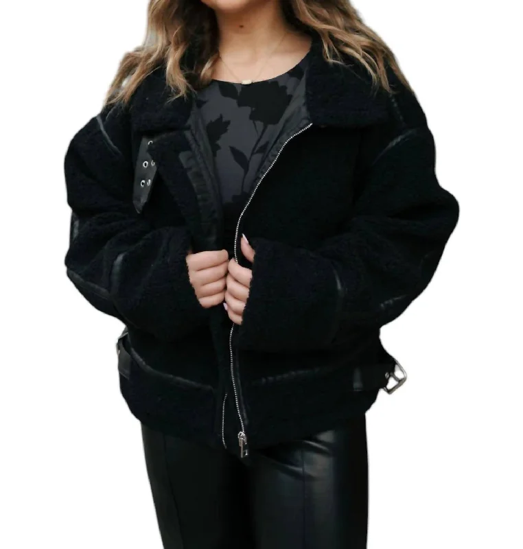 women's faux fur coat -Sherpa Bomber Jacket In Black