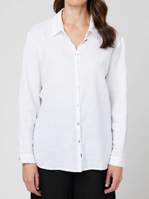 women's classic polo shirt -Boyfriend Linen Shirt - White