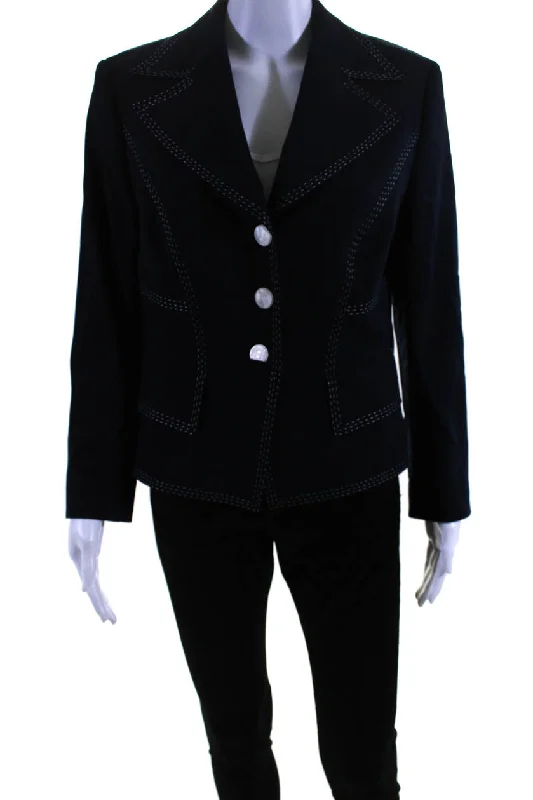 cozy teddy coat for ladies -Escada Womens Wide Lapel Button Down Suit Jacket Navy Blue Wool