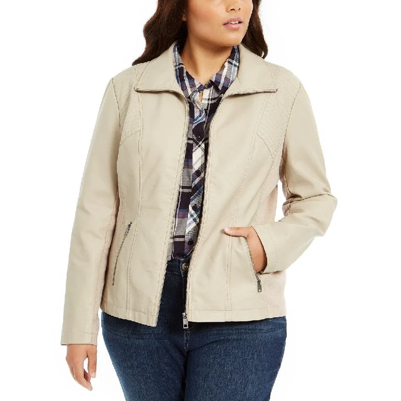 casual coats for women -Style & Co Women's Plus Size Faux-Leather Moto Jacket Med Beige Size 4X