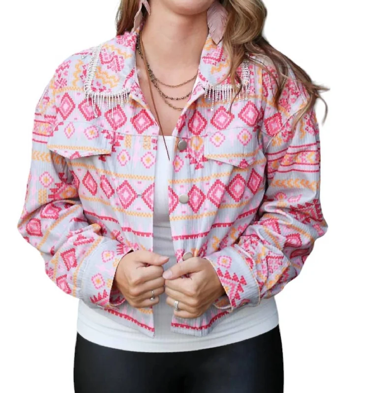 women's double-breasted coat -Cowgirl Barbie Jacket In Pink Multi