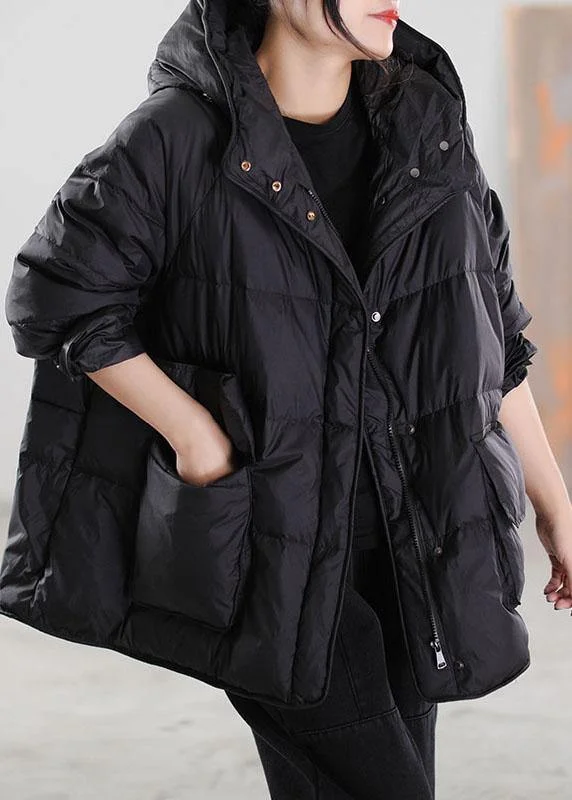 stylish longline coat for women -Boho Black Zip Up drawstring Duck Down Winter Coats