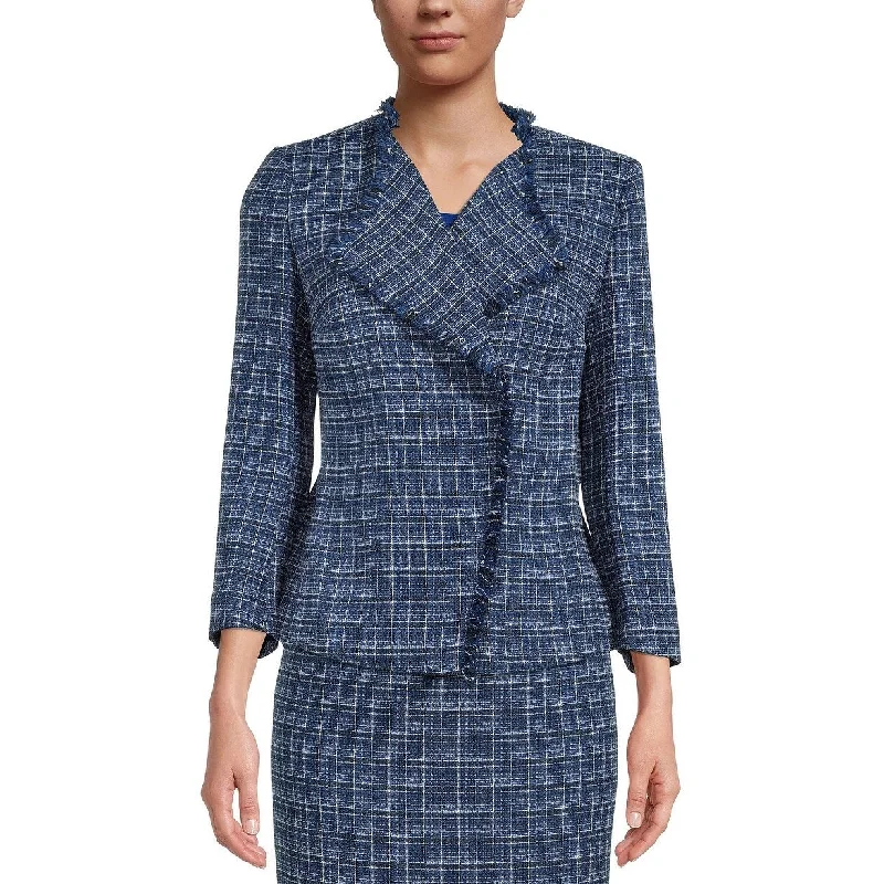 stylish houndstooth coat for women -Kasper Women's Tweed Fringe Jacket Regular & Petite Sizes Blue Size L - Large