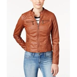 women's cropped bomber jacket -Jou Jou Juniors Zipper-Front Faux-Lea Brandy Dark Red Large - L